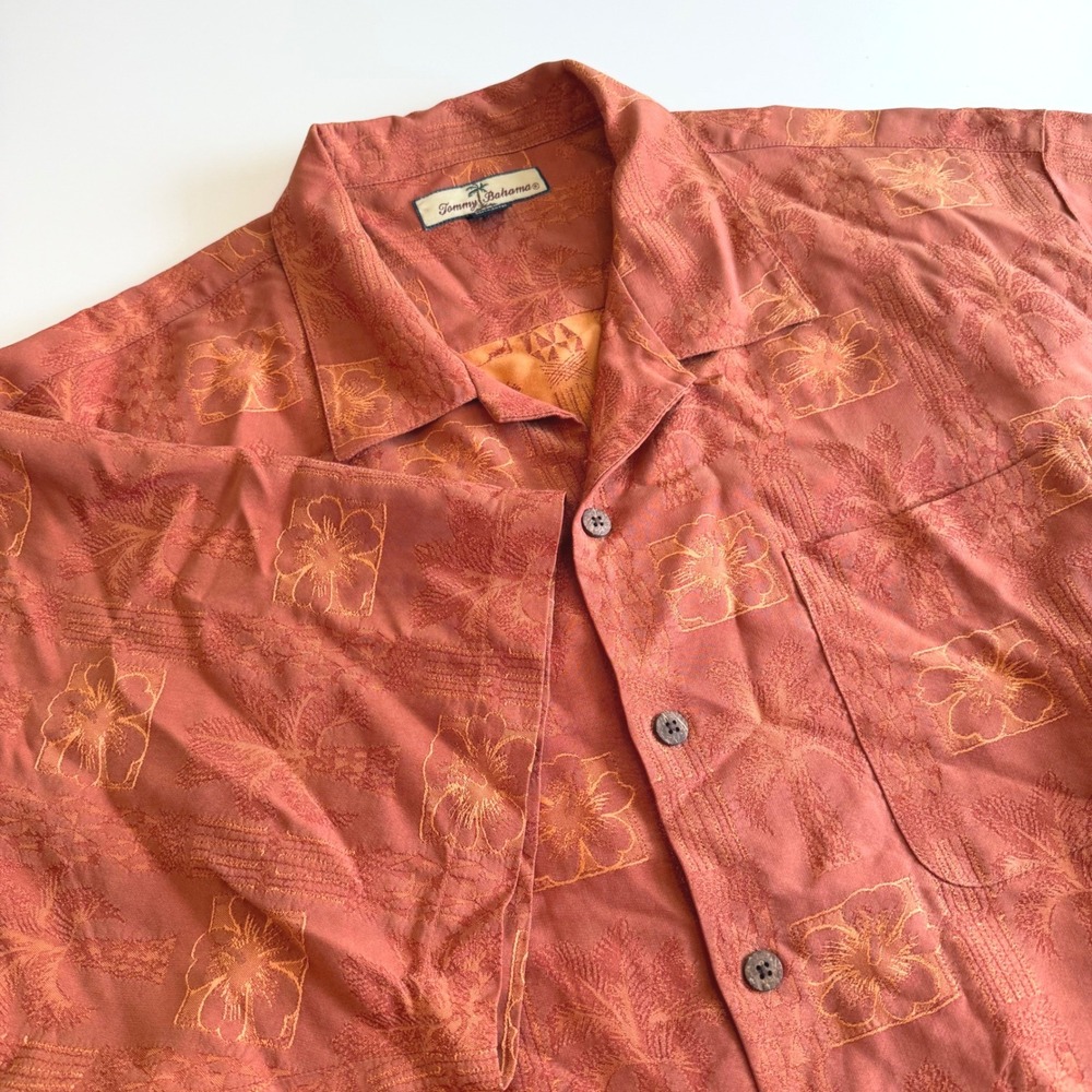 Tommy Bahama Silk Jacquard Hawaiian Shirt Relax Mens XL Burnt Orange Tropical
